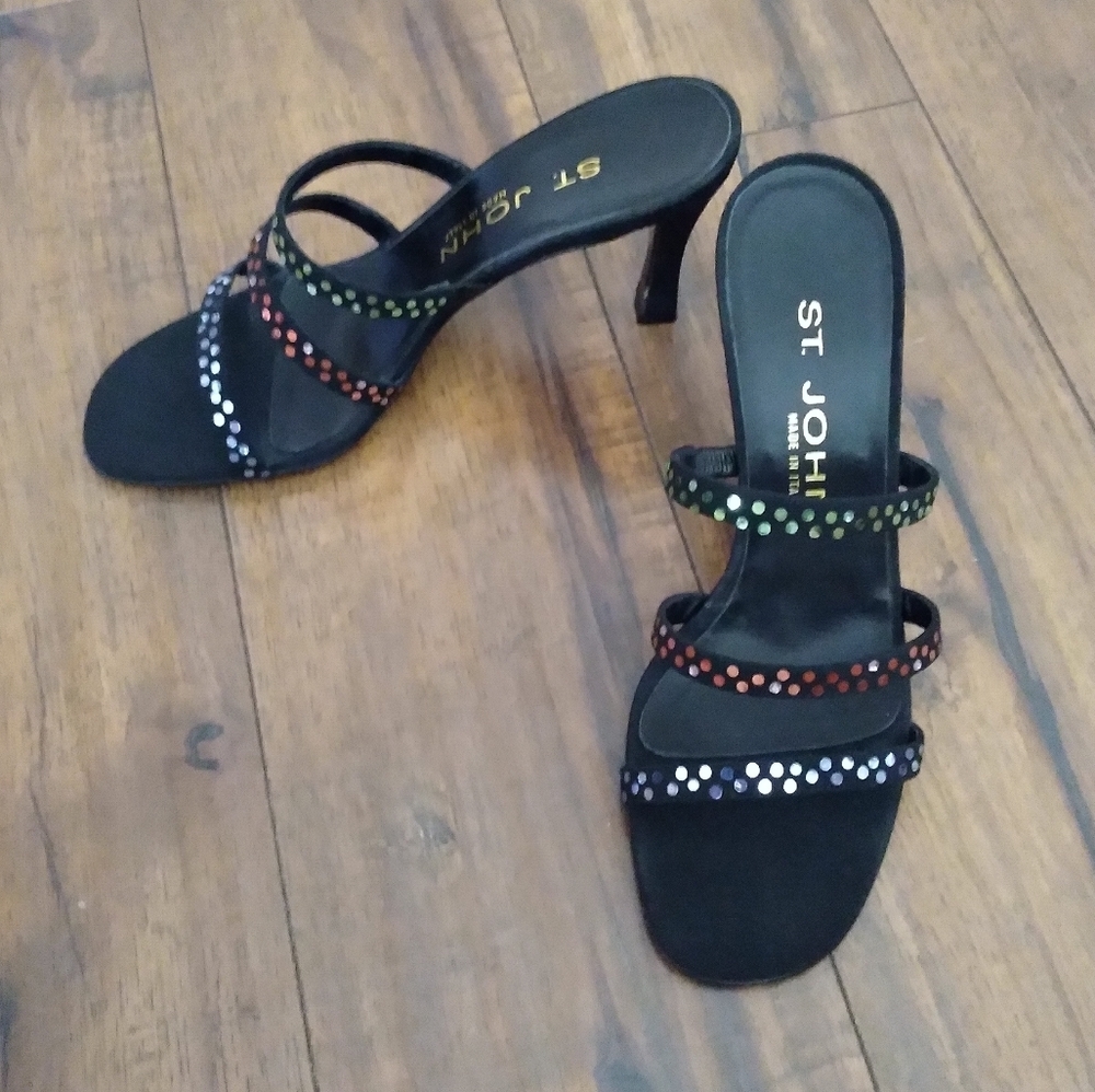 St John Black Suede Triple Strap Studded Mule Heels Made in Italy